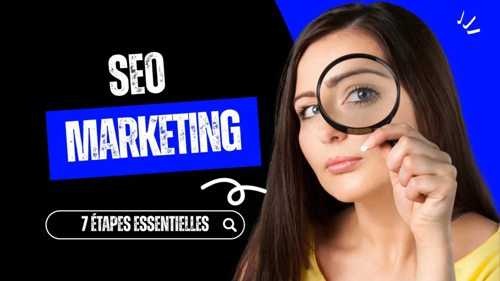 Infographie montrant les étapes essentielles pour débuter avec le seo marketing : recherche de mots-clés, optimisation on-page, obtention de backlinks, et SEO technique.
