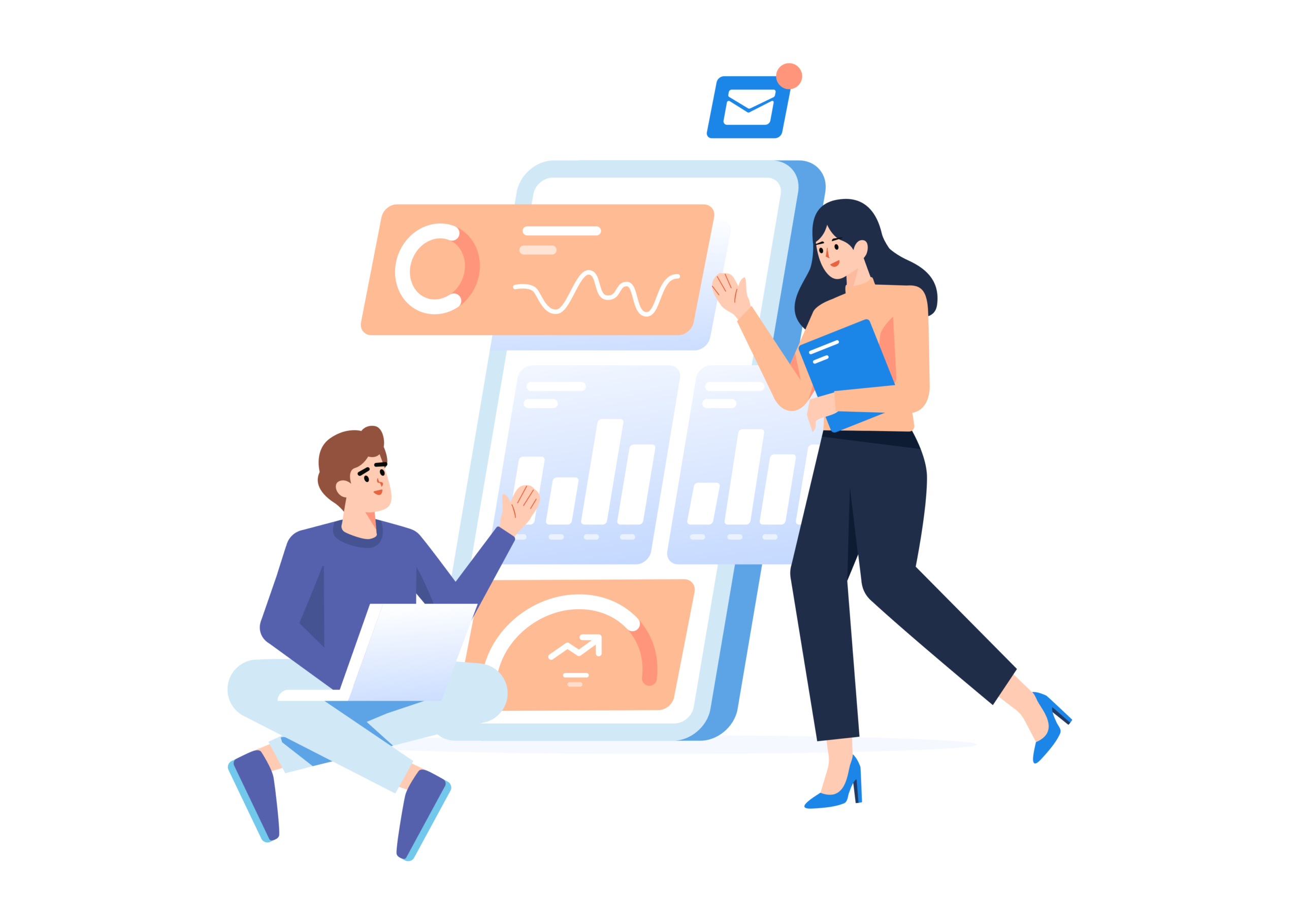 groupe d'employés professionnels aux fonctions variées travaillant sur un ordinateur portable, entourée d’icônes liées au marketing digital, illustrant une scène moderne de stratégie numérique.