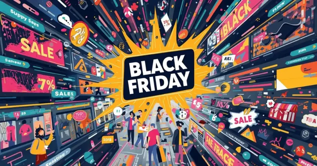 Visuel Black Friday 2025 en Algérie avec design noir et rouge mettant en avant les promotions et stratégies marketing.