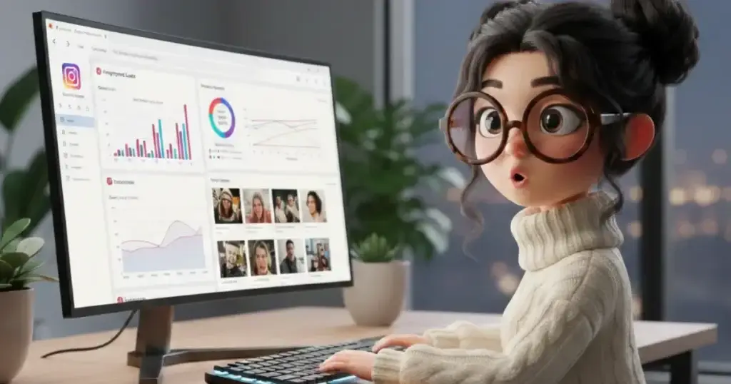 Audit Instagram gratuit 2026 - Analyste digital réalisant un audit de compte Instagram avec métriques et graphiques d'engagement sur écran