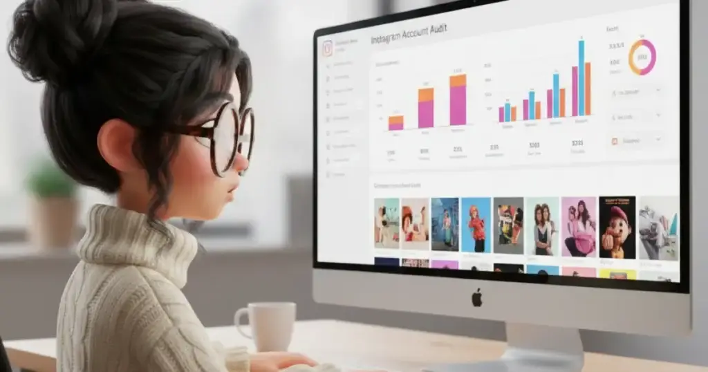 Instagram audit outil 2026 - Marketeur analysant des tableaux de bord Metricool et Iconosquare sur double écran en agence digitale