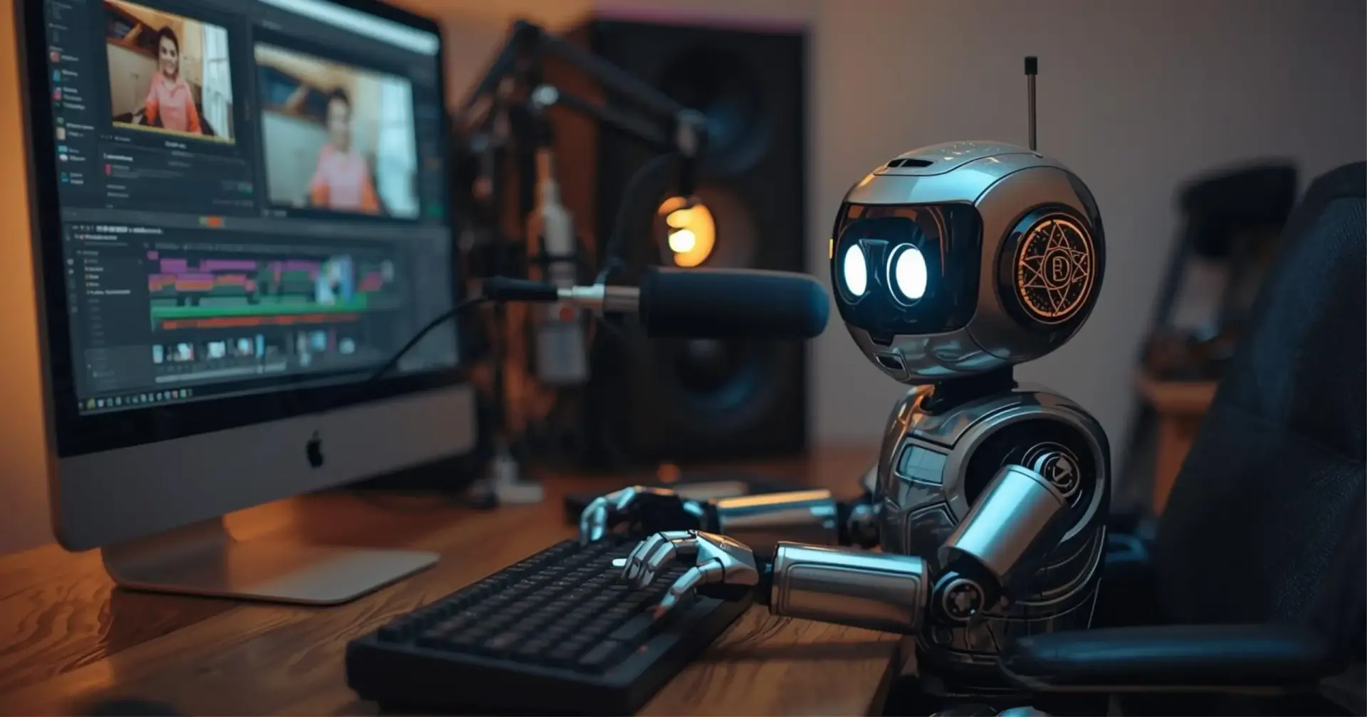 Petit robot assis à son bureau en train de monter une video IA sur ordinateur